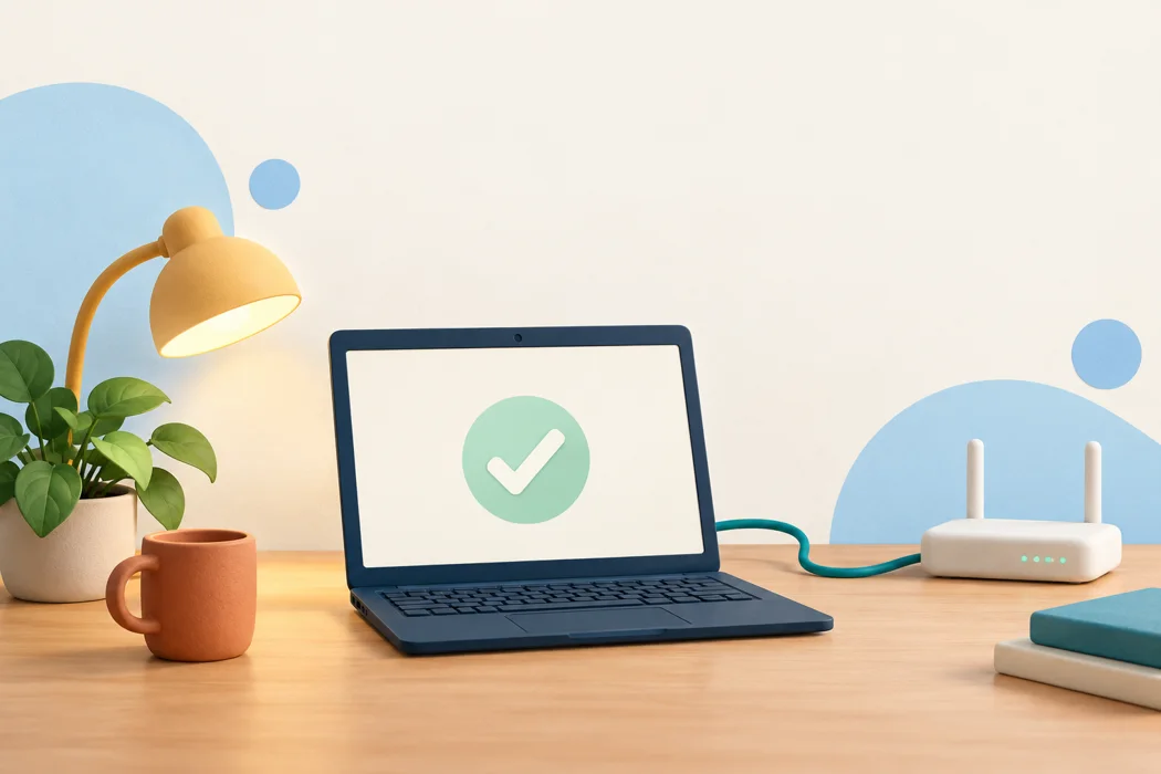 Friendly original illustration of a laptop, router, plant, and lamp on a tidy home desk